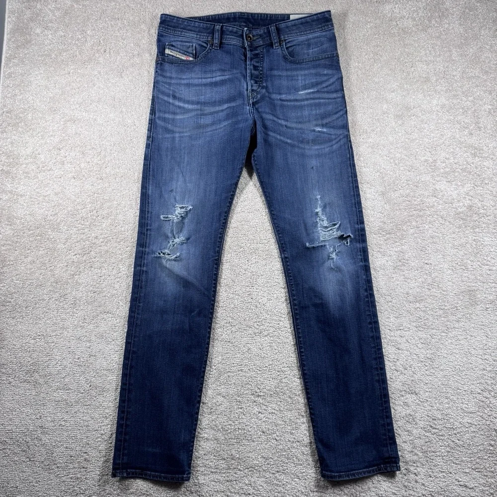 Diesel Jeans Men 32x32 Blue Buster Regular Slim Tapered Stretch Destroyed‎ Y2K